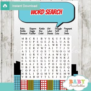 boy comic book baby shower word search game printable puzzles