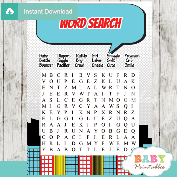 boy comic book baby shower word search game printable puzzles