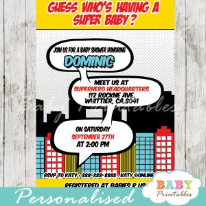 printable superhero comic book baby shower invitation personalized for boy