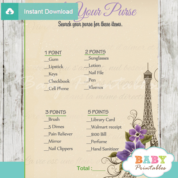 french paris what's in your purse baby shower game printable