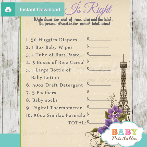 french paris Price is Right Baby Shower Games printable pdf