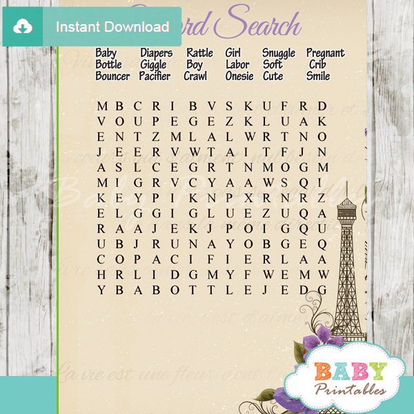 paris eiffel tower baby shower word search game printable puzzles
