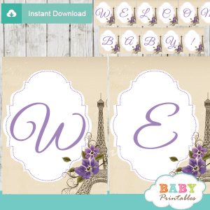 printable french violet floral paris eiffel tower welcome banner decoration personalized