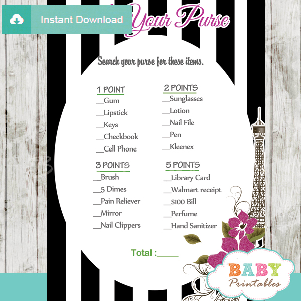 french paris what's in your purse baby shower game printable