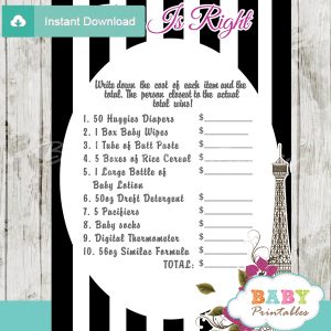 french paris Price is Right Baby Shower Games printable pdf