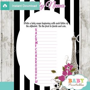 french paris eiffel tower printable Name Race Baby Shower Game cards