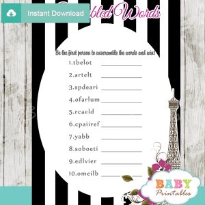 french paris printable baby shower unscramble words game