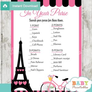 french pink paris what's in your purse baby shower game printable