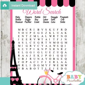 pink paris eiffel tower baby shower word search game printable puzzles