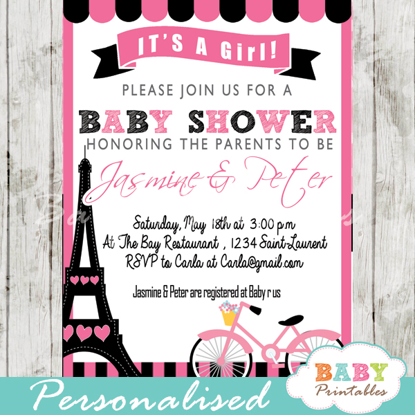 printable Pink Paris Eiffel tower baby shower invitation personalized
