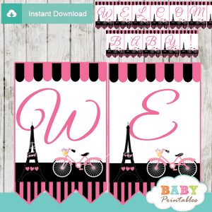 printable french bicyle pink paris eiffel tower welcome banner decoration personalized