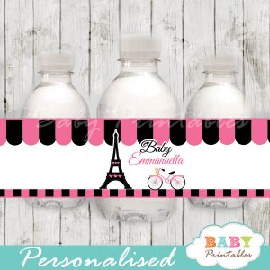 printable french bicyle pink paris eiffel tower personalized bottle wrappers diy