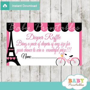 printable french bicycle pink paris eiffel tower vintage diaper raffle game cards baby shower