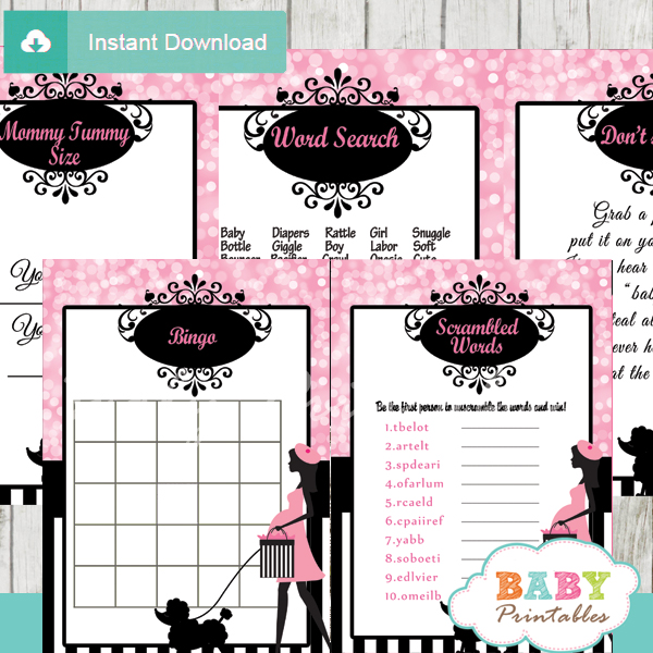 printable french pink paris poodle baby shower fun games ideas