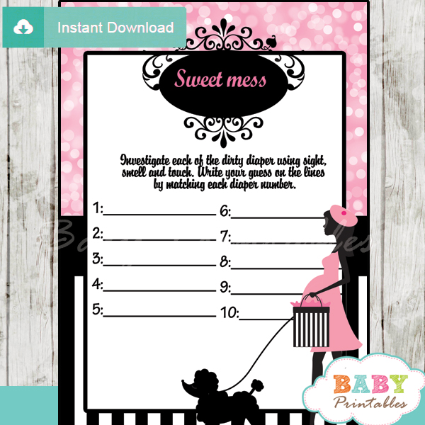 printable poodle paris Baby Shower Game Guess the Sweet Mess Dirty Diaper