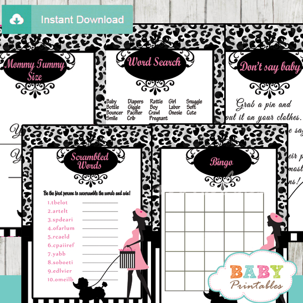printable french pink paris poodle baby shower fun games ideas