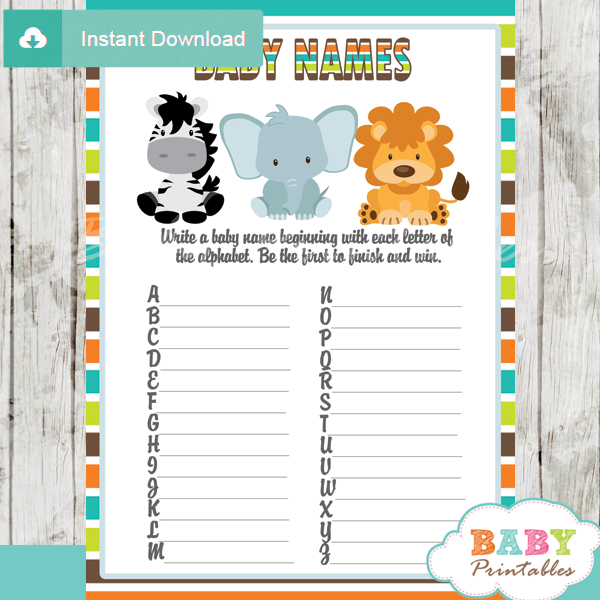 Safari Animals Baby Shower Games, Printable Games, Baby Games Pack