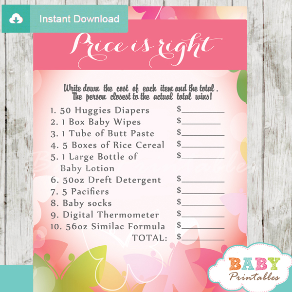 spring butterflies Price is Right games for baby shower