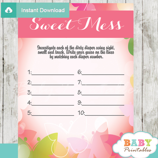 printable spring butterflies Baby Shower Game Guess the Sweet Mess Dirty Diaper