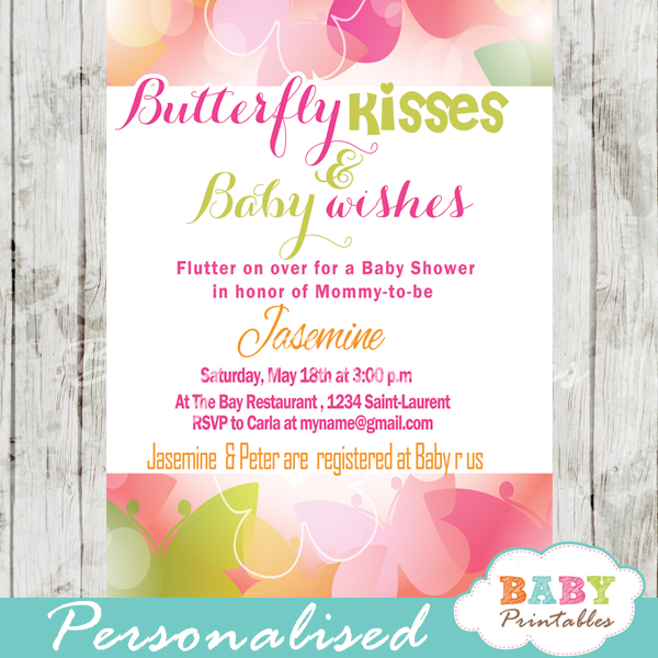 butterfly themed baby shower invitations pink green bokeh