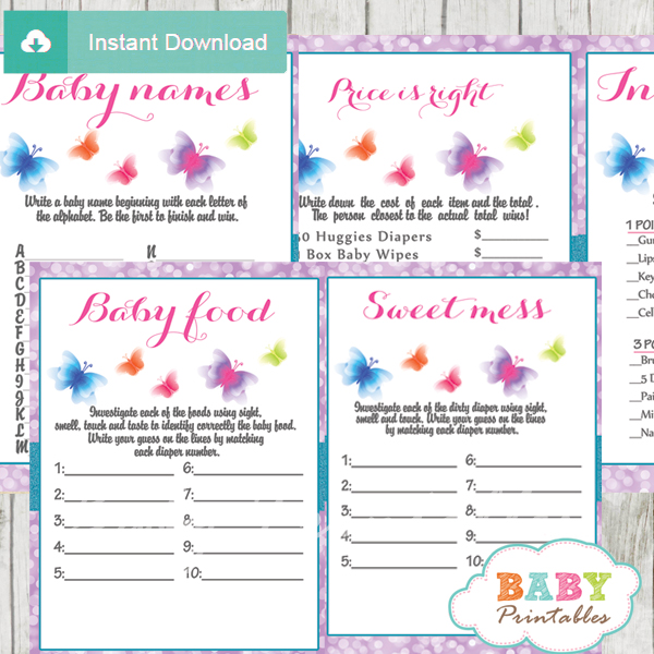 purple butterflies printable baby shower games package