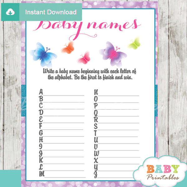 purple butterflies Name Race Baby Shower Game cards
