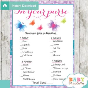 purple butterflies what's in your purse baby shower games for girls