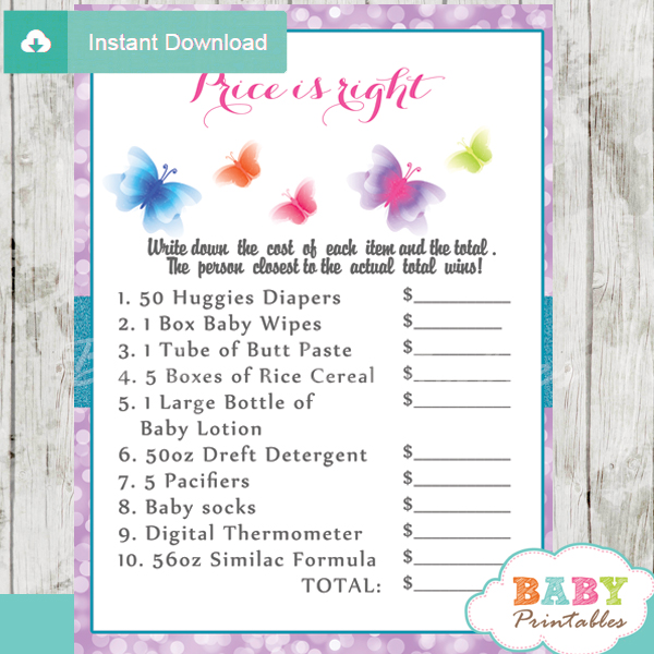 purple butterflies Price is Right games for baby shower