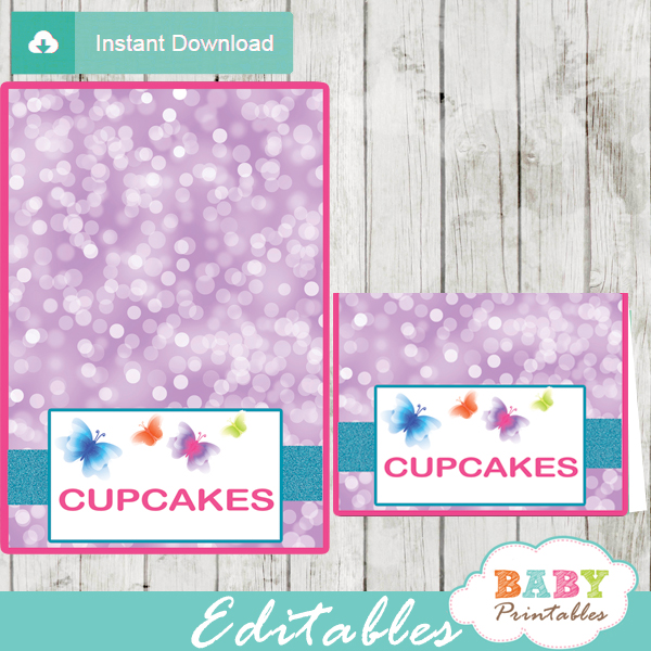 printable purple butterfly editable food label cards