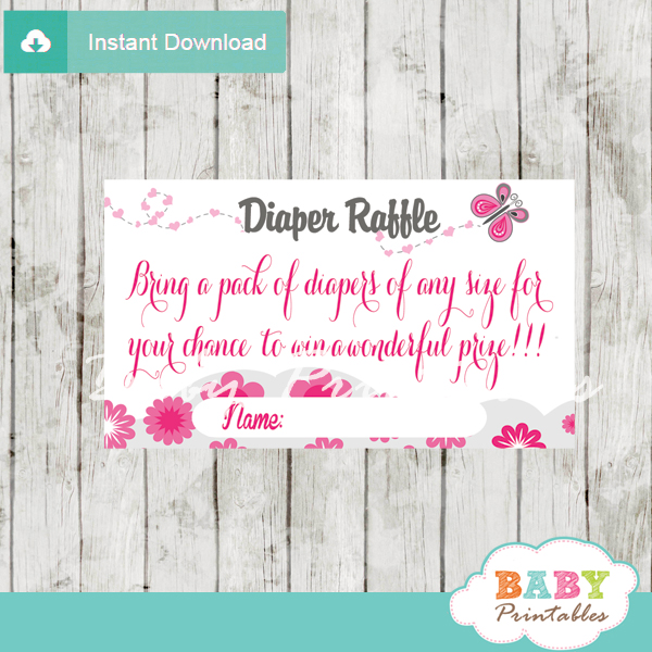 pink gray butterfly diaper raffle game tickets baby shower
