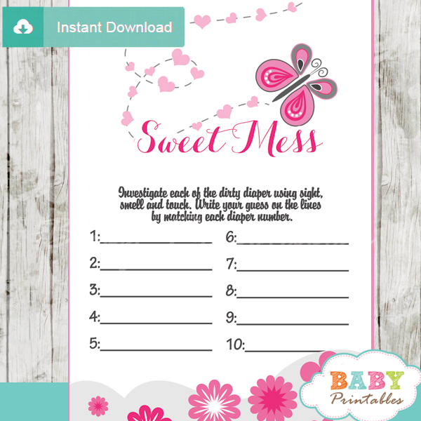printable pink butterfly Baby Shower Game Guess the Sweet Mess Dirty Diaper