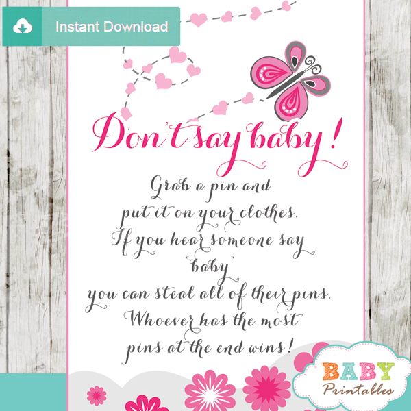 pink butterfly Dont Say Baby shower games for large groups