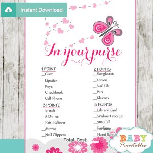 pink butterfly what's in your purse baby shower games for girls