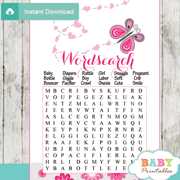 pink butterfly word games for baby shower