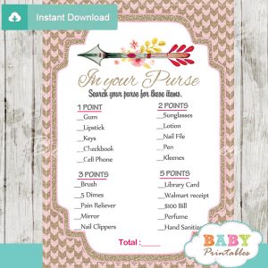 baby shower tribal arrow games what's in your purse