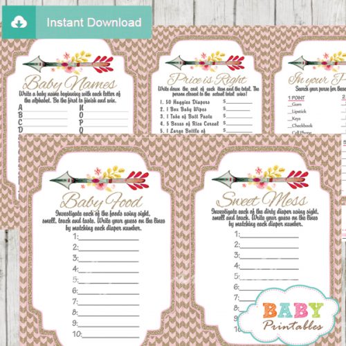 Burlap Pink Tribal Arrow Baby Shower Games - D240 - Baby Printables