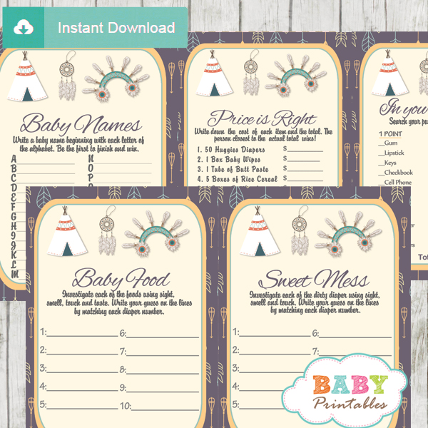 printable native american baby shower games package