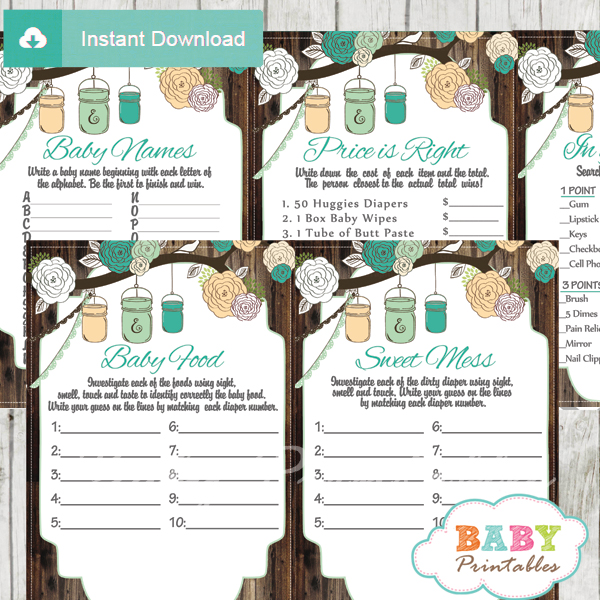 country rustic mason jars games to play at a baby shower