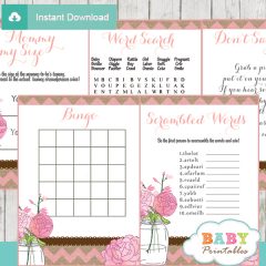 Pink Burlap Mason Jar Baby Shower Games Package - D252 - Baby Printables