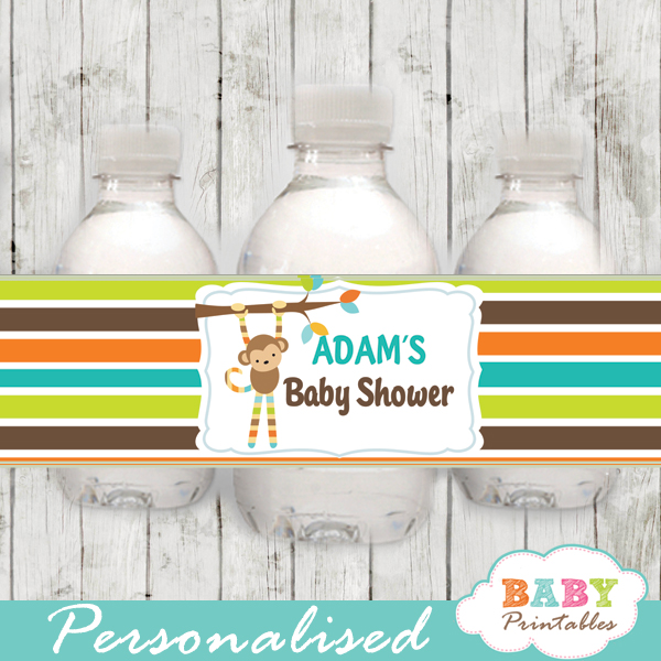 monkey personalized baby shower water bottle labels