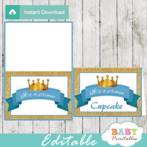 royal blue and gold baby shower food labels