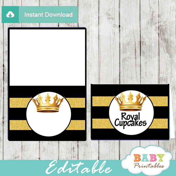 black and gold royal baby shower food labels
