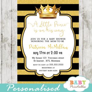 black and gold royal themed baby shower invitations