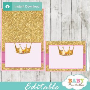 pink and gold crown princess baby shower food labels