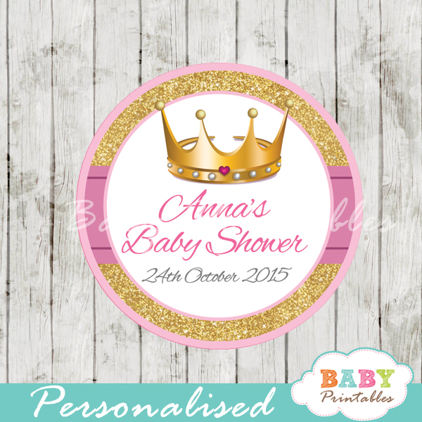 pink and gold royal princess personalized baby shower favor tags