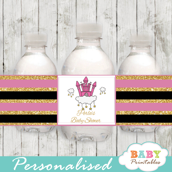 baby girl pink princess personalized baby shower water bottle labels