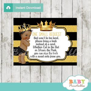 black and gold african american prince baby shower book request invitation inserts