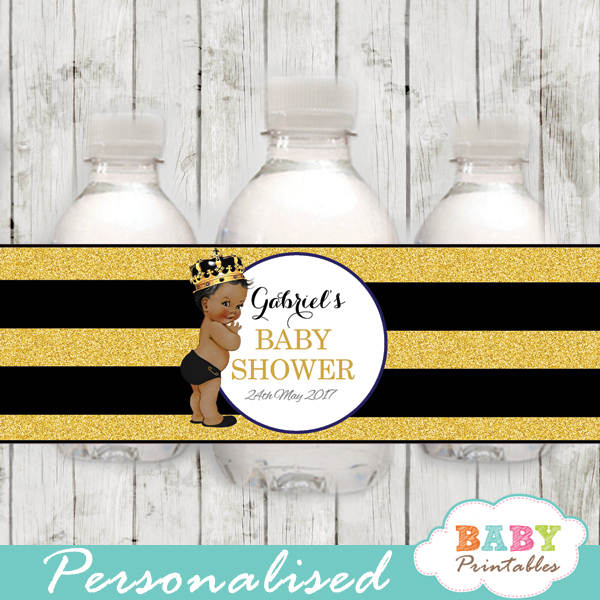 african american baby boy prince personalized baby shower water bottle labels
