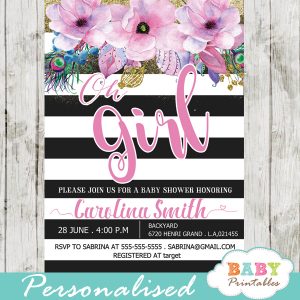 floral themes spring baby shower invitations pink flowers black and white striped