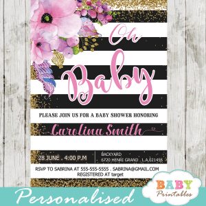 gold glitter floral themes spring baby shower invitations pink flowers black and white striped